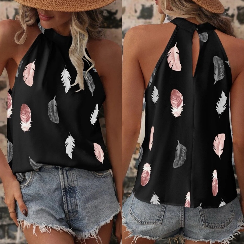 NIAY Floral Blouse Womens Size XL Bohemian‎ Feather Print Black Pink Grey Top